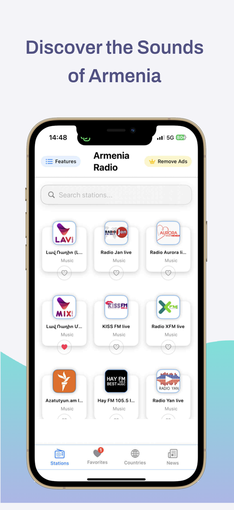Armenia Music Stations and News app interface showing a list of Armenian radio stations for streaming