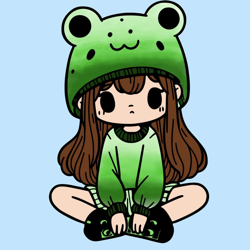 a girl wearing a frog hat and some frog socks