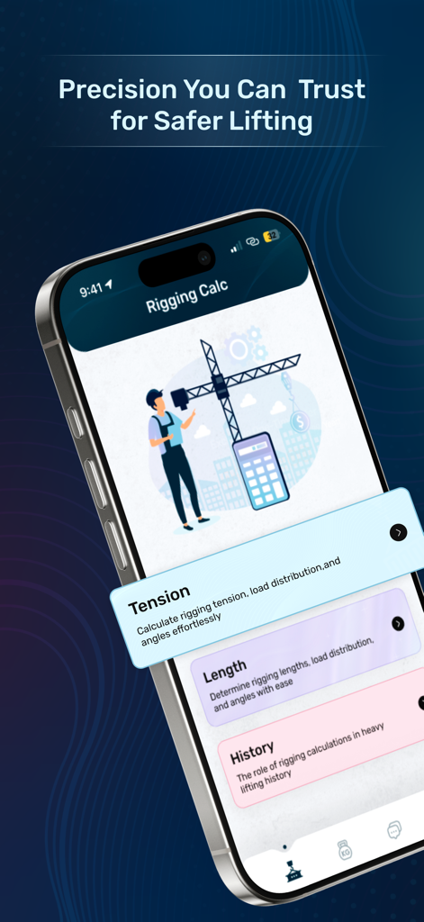 Rigging Load Calculator Tool - Rigging Load Calculator Tool mobile app interface showing options for tension and length calculations