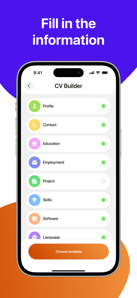 iPhone screen showing the CV Builder interface with sections for profile contact education and employment information