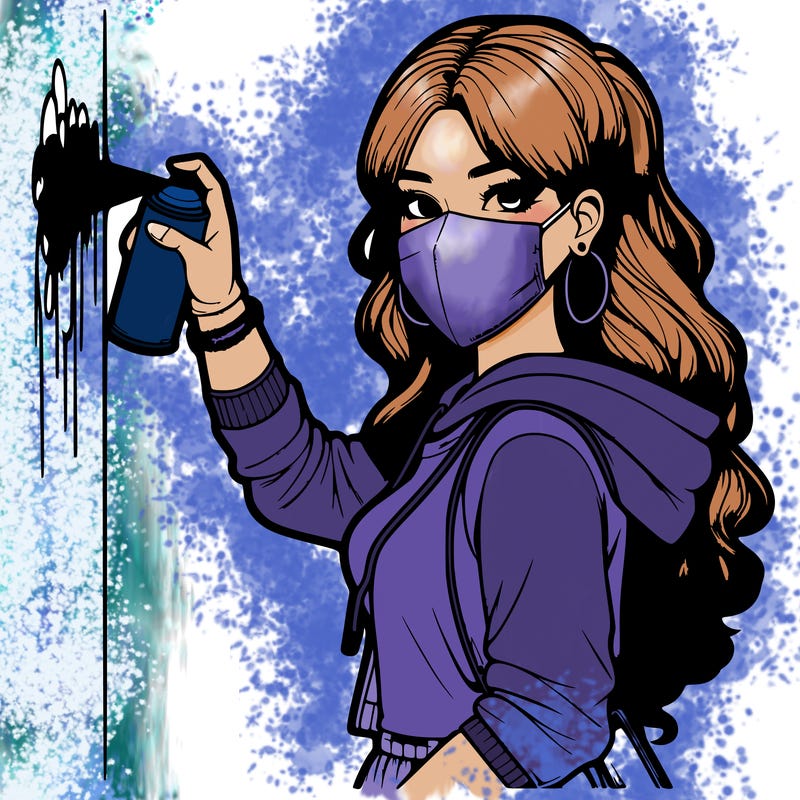 realistic girl with mask spray painting a wall