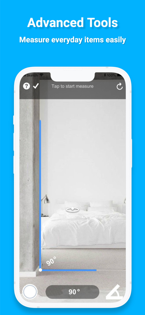 A smartphone using AR to measure a 90 degree angle in a bedroom