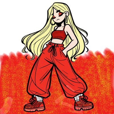 girl in baggy pants crop top and long hair