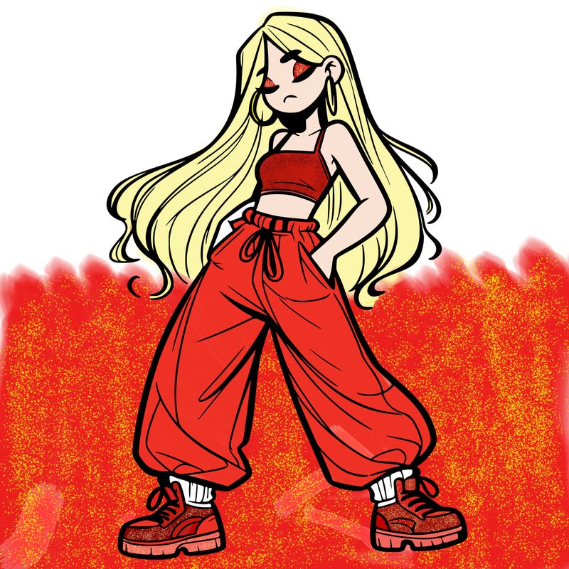 girl in baggy pants crop top and long hair