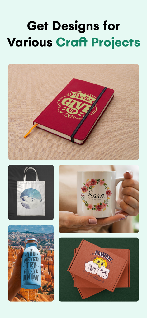 Design Maker For Craft Space! - A collection of personalized DIY craft projects including a mug, notebook, and water bottle.