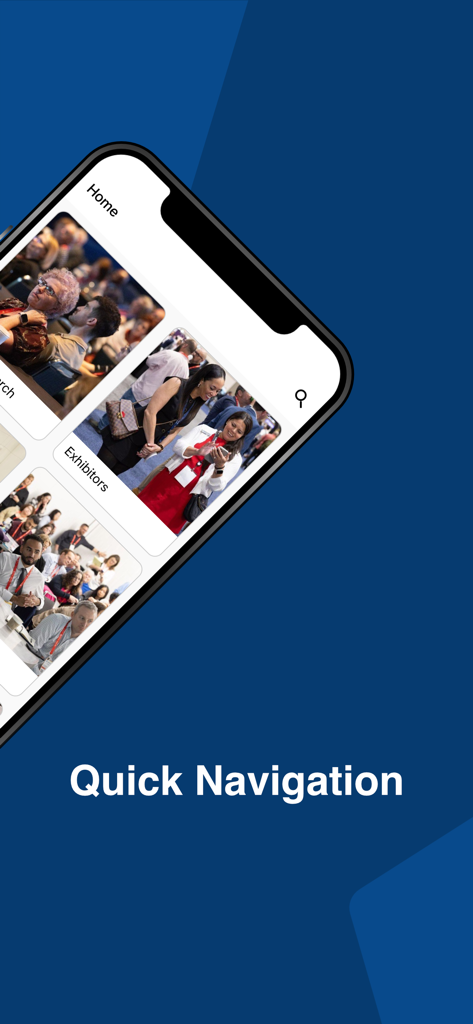 出展者とイベントのクイックナビゲーションタイルが表示されたNBAA SDC2026アプリのホームページを示すスマートフォンの画面。