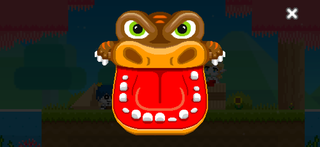 BOKU BOKU - Ein großes interaktives Pixel-Art-Nilpferd-Spielzeug mit offenem Mund und leuchtend roter Zunge in BOKU BOKU