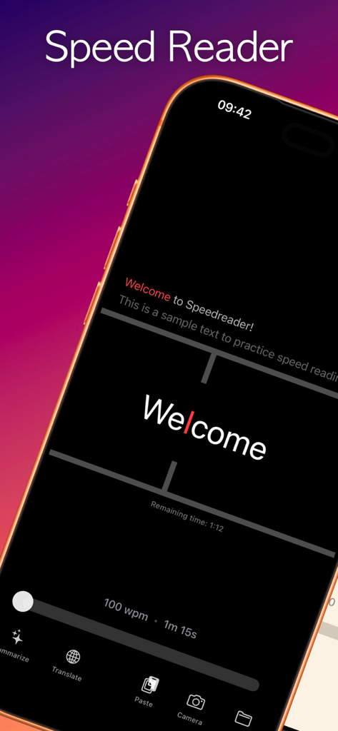 Speed Reader! - Speed Reader app interface showing flash reading mode with a single word and speed controls