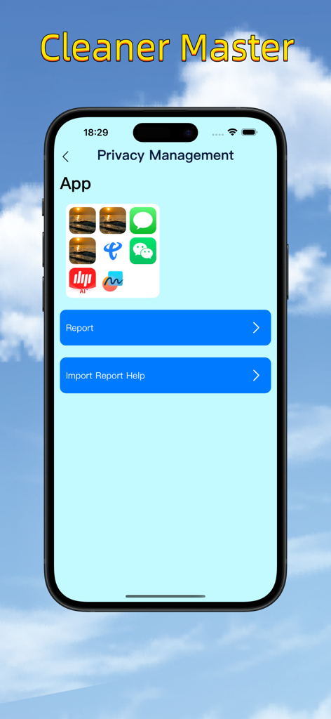 Cleaner Master-Space & Privacy - Pantalla de gestión de privacidad en la aplicación Cleaner Master que muestra permisos de aplicaciones y opciones de informes.