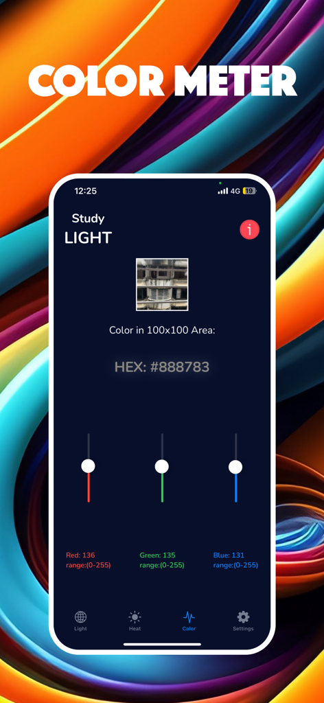LUX Meter - Photo Light Meter - Interface de l'application LUX Meter montrant la fonctionnalité de colorimètre avec le code HEX et les curseurs RVB pour l'identification de la lumière.
