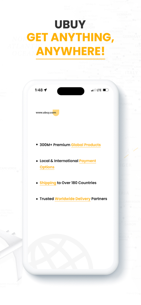 Ubuy: International Shopping - Capture d'écran de l'application Ubuy mettant en avant les fonctionnalités d'achat international, y compris plus de 300 millions de produits et l'expédition dans plus de 180 pays