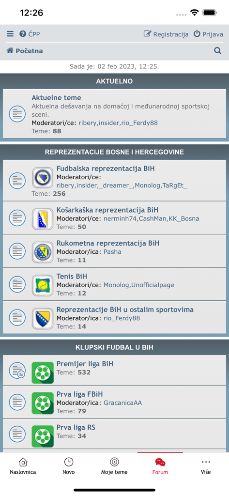 SportSport.ba app interface showing various Bosnian sports forum categories for national teams and local football leagues.