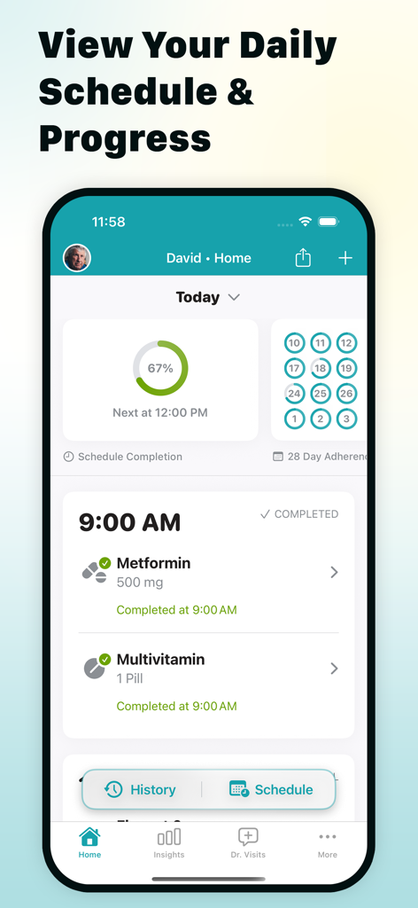 Medication Reminder & Pill Log - Medikamenten-Erinnerung App-Dashboard, das den täglichen Zeitplanfortschritt und abgeschlossene Pillenprotokolle anzeigt.