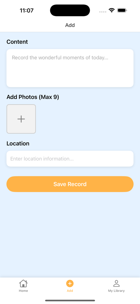 Growmemo - 텍스트, 사진, 위치와 함께 아기 순간을 기록하기 위한 Growmemo 앱의 인터페이스