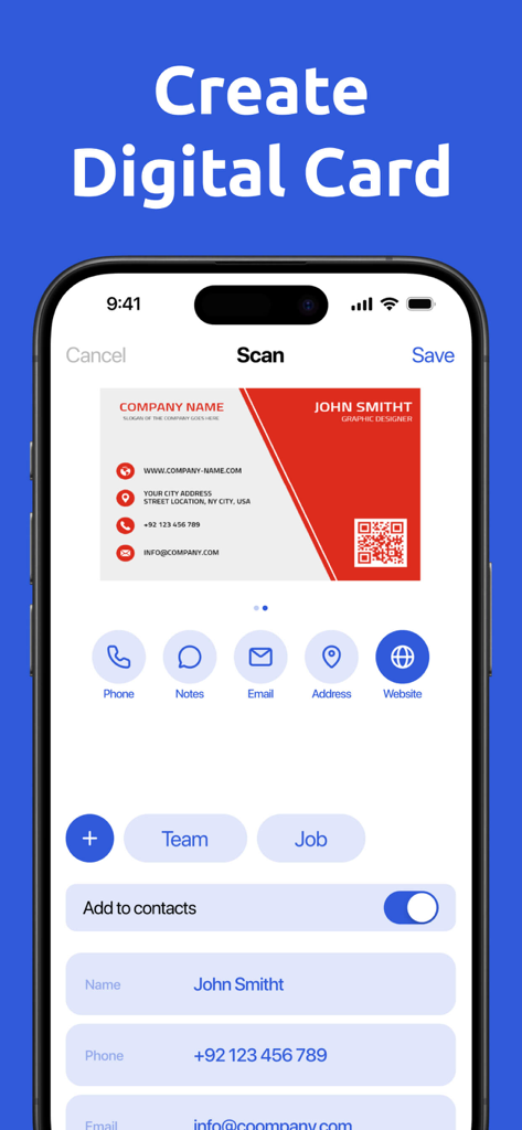 Digital Business Card Scannerㅤ - A mobile app interface for scanning and creating digital business cards with contact information.