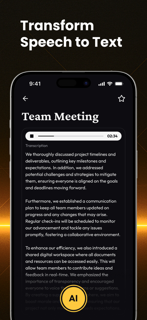 AI Note Taking: Notalist - Notalist mobile app interface displaying a team meeting transcript with a speech to text conversion feature
