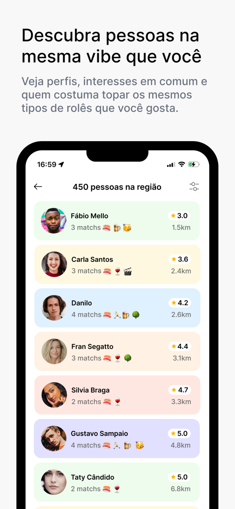 Boora - Interfaz de la aplicación Boora que muestra una lista de personas cercanas con sus calificaciones e intereses comunes.