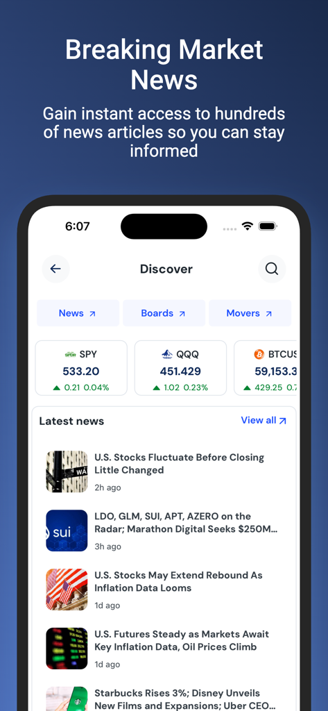 InvestorsHub - Stocks & Crypto - InvestorsHub app interface showing breaking market news headlines and stock ticker cards for SPY and QQQ