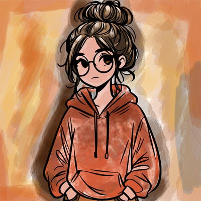 teen girl with a messy bun and glasses wearing a loose hoodie and jeans
