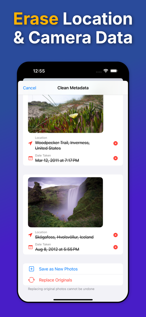 Interfaz de la aplicación MetaClean que muestra opciones para eliminar metadatos de ubicación y fecha de las fotos