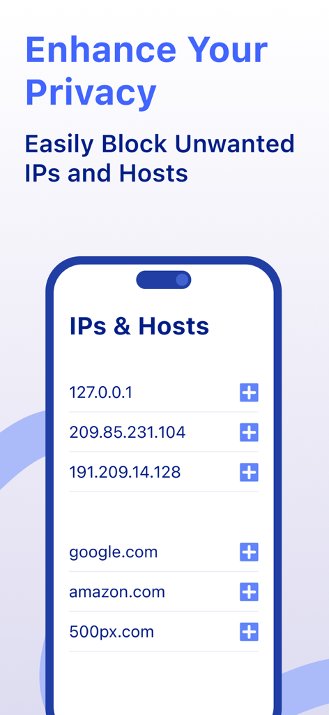 LetMeBe: Block Apps, IPs/Hosts - LetMeBe app interface showing a list of IP addresses and website hosts that can be blocked to enhance digital privacy