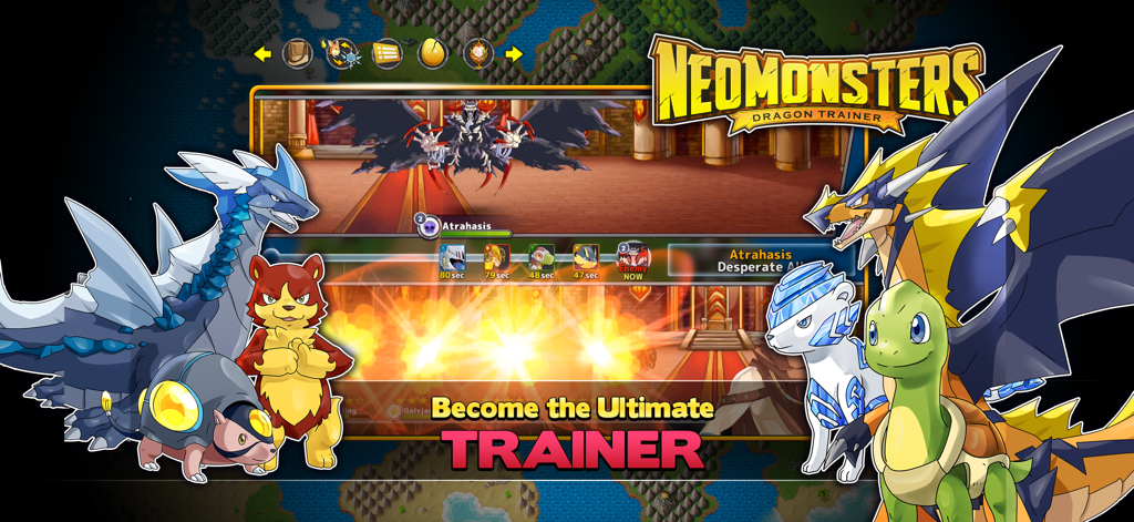 Neo Monsters - Neo Monsters game screen showing several unique animated monsters and a battle interface with the slogan Become the Ultimate Trainer