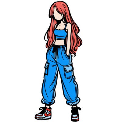 girl in baggy pants crop top and long hair