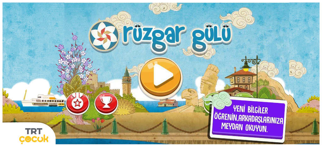 TRT Rüzgar Gülü - TRT Ruzgar Gulu game home screen with play button and Turkish landmarks
