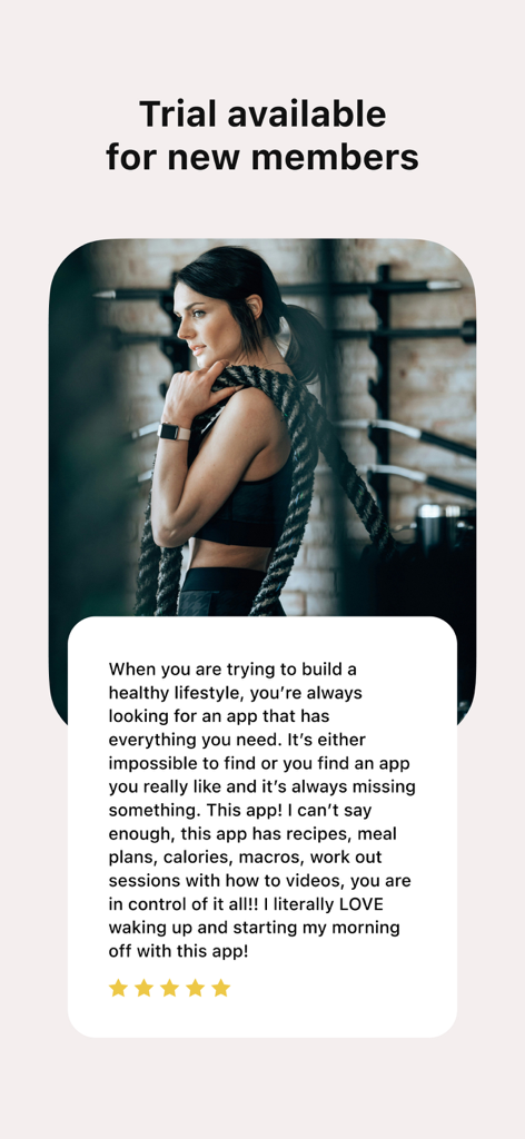 A positive user review for the Athli app featuring a woman in gym attire and a free trial announcement for new members.
