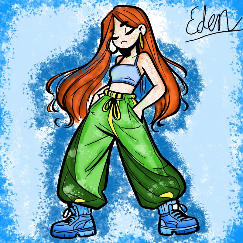 girl in baggy pants crop top and long hair