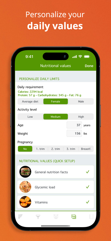 Personalizing daily nutritional limits and user profile in the Natural Food Guide app.
