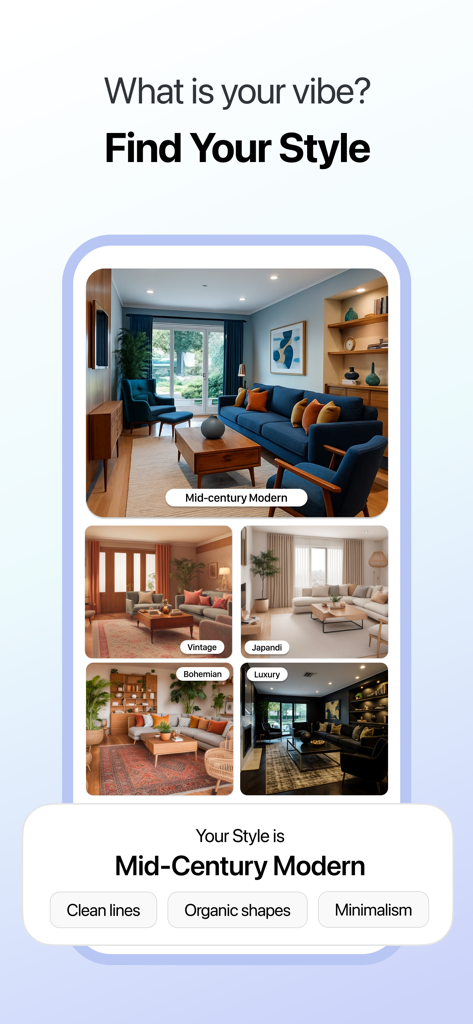AI Interior & 3D Room Planner - Interfaz de la aplicación Ohouse AI que muestra diferentes estilos de diseño de interiores, incluyendo Moderno de Mediados de Siglo, Japandi y Bohemio