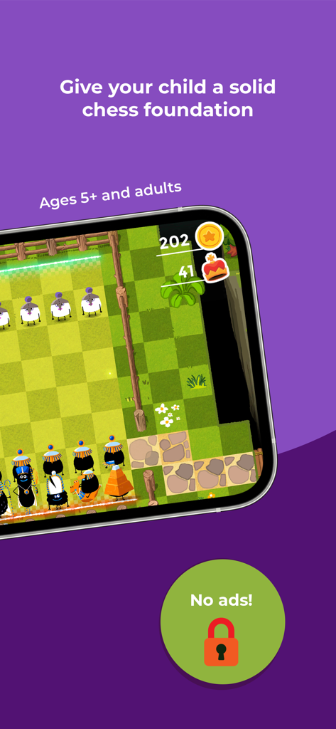 Capture d'écran d'une application mobile montrant une interface d'apprentissage des échecs gamifiée pour enfants avec des personnages sur un échiquier