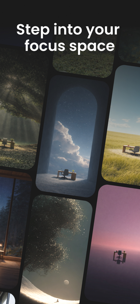 自然の中のデスクや、マインドフルなフォーカスセッションのための夢のような設定を特徴とする、穏やかで美しいデジタル環境のコレクション。