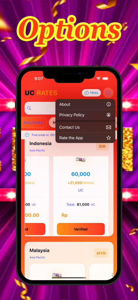UC Calculator for PUBG - UC Calculator for PUBG app showing the options menu and regional UC rates for Indonesia and Malaysia