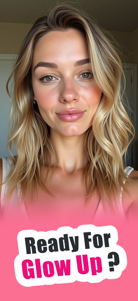 Portrait of a blonde woman with the text Ready For Glow Up
