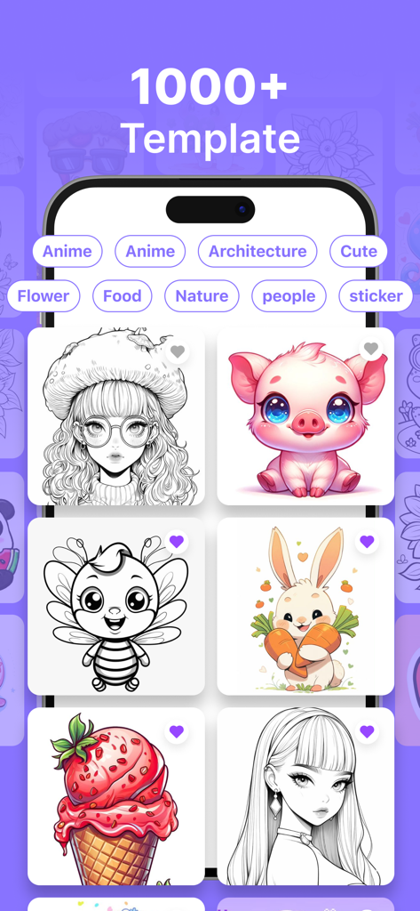 Una pantalla móvil que muestra una galería de más de mil plantillas de dibujo en categorías como anime, animales y comida.