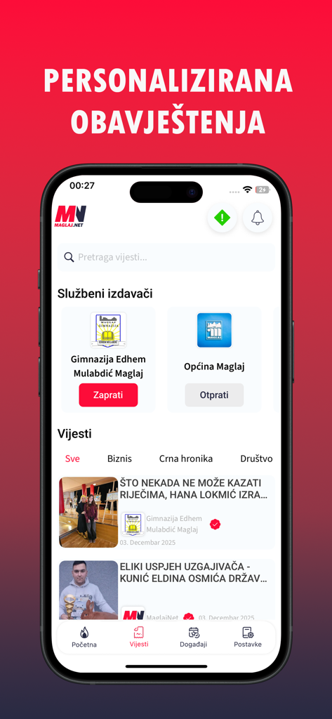 MAGLAJ.NET - MAGLAJ.NET mobile app interface showing local news feed and official publishers from Maglaj