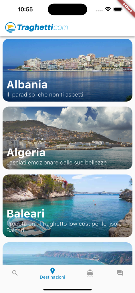 Ferries on line - Pantalla móvil de la aplicación Ferries on line mostrando una lista de destinos de viajes en ferry con imágenes costeras