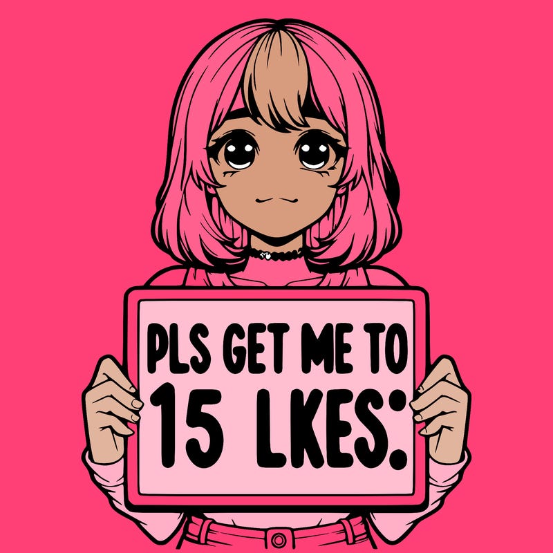 realistic girl holding up a sign that says “pls get me to 15 likes!”