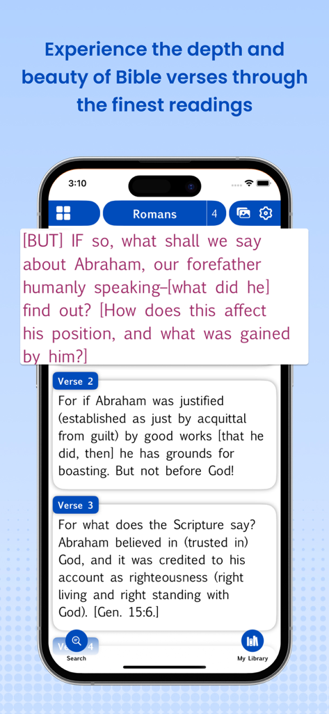 Amplified Bible Pro (AMP) - Amplified Bible Pro interface showing Romans chapter 4 with detailed verse explanations in brackets