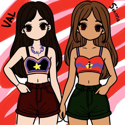 two sisters with crop tops and jean shorts and straight hair