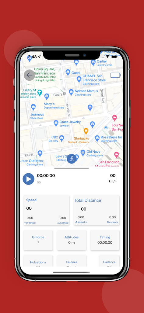 PRO SKI Sensor - PRO SKI Sensor app interface displaying a GPS map and real-time data metrics including speed, distance, and heart rate.