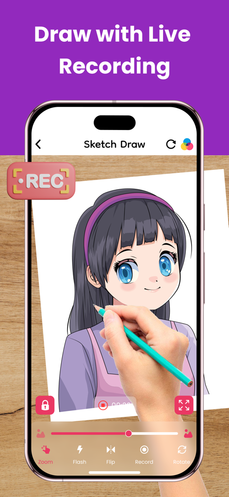 AR Draw : Sketch & Art Maker - A hand tracing an anime character from a smartphone screen onto paper using the AR Draw app with live recording active.