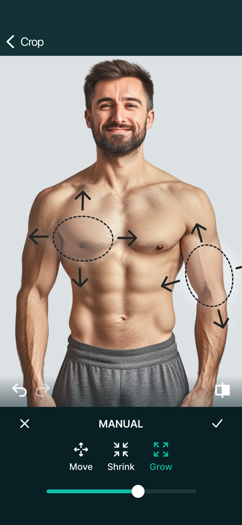 Interfaccia di editing foto che mostra l'aumento muscolare sul petto e sui bicipiti di un uomo con strumenti di ingrandimento e rimpicciolimento