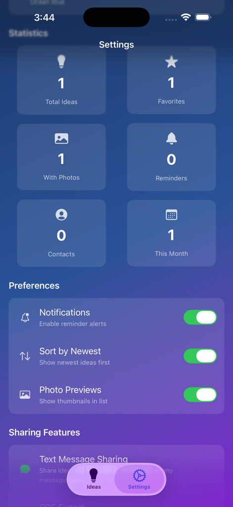 Idea Organizer AI - Settings screen of the Idea Organizer AI app showing usage statistics and user preferences
