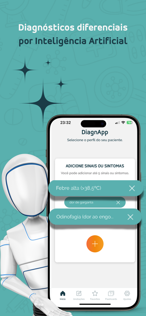 WeMeds - Screenshot of the WeMeds app DiagnApp feature showing AI-powered differential diagnosis with symptoms input like fever and sore throat.