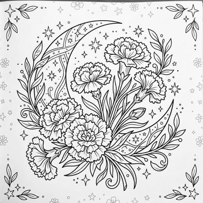 Discover the serene beauty of pink carnations gracefully blooming beneath a crescent moon and a canopy of stars. This enchanting 'Night Time' coloring page offers a magical escape for your creative spirit.