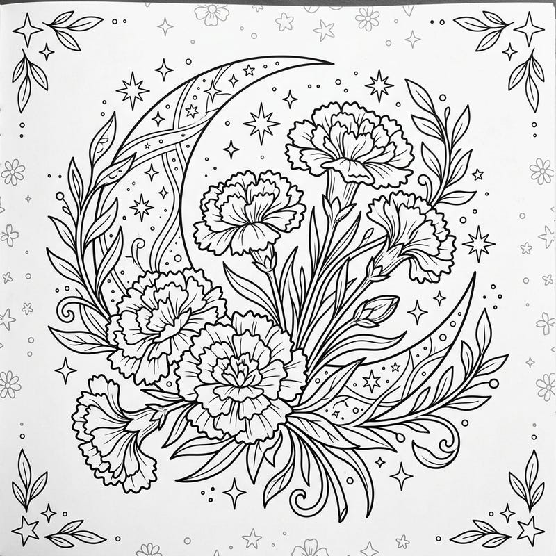 Discover the serene beauty of pink carnations gracefully blooming beneath a crescent moon and a canopy of stars. This enchanting 'Night Time' coloring page offers a magical escape for your creative spirit.