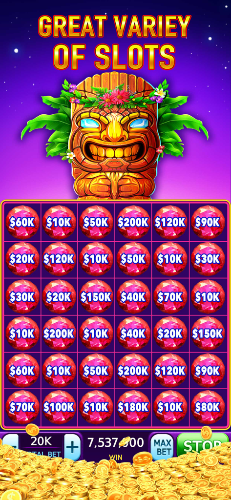 Slots: Vegas Casino Slot Games - Una schermata di gioco di slot mobile che mostra una macchina a tema Tiki con gemme rosse e grandi importi di vincita.